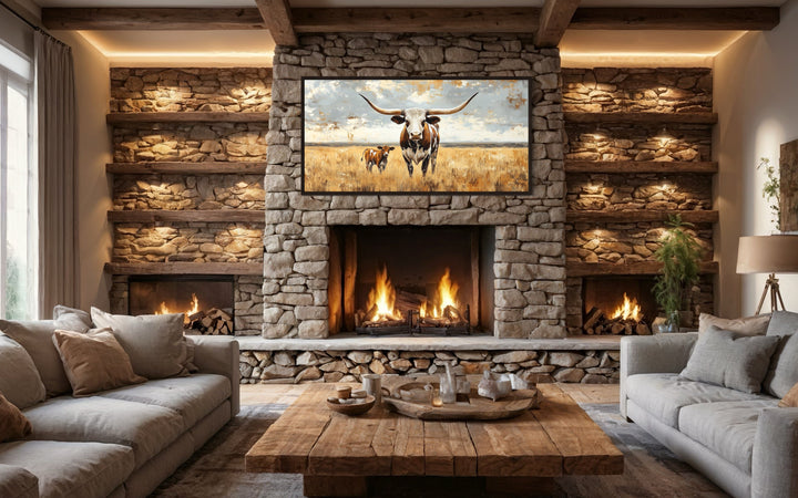 Texas Longhorn cow and calf framed canvas wall art displayed above a stone fireplace in a living room