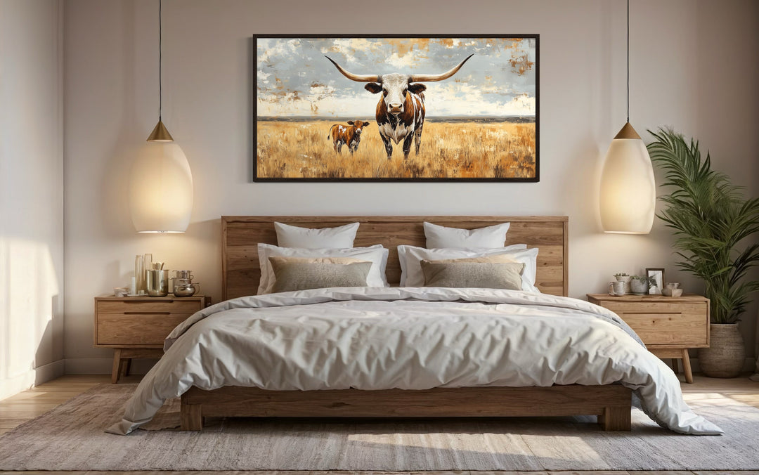 Texas Longhorn Cow With Calf In The Field Framed Canvas Wall Art