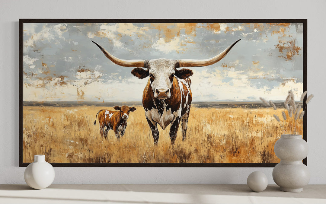 Framed canvas wall art of a Texas longhorn cow and calf in a golden field under a soft blue sky.