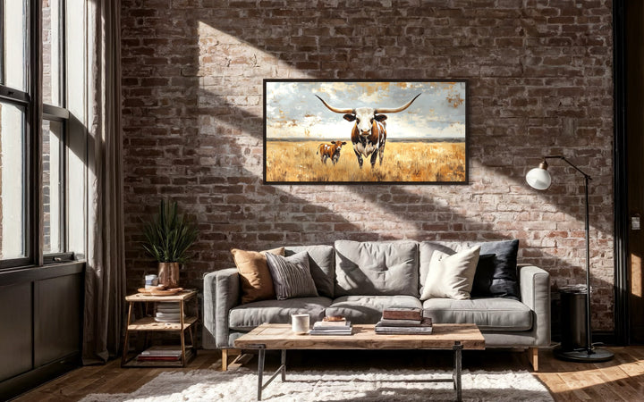 Texas Longhorn Cow With Calf In The Field Framed Canvas Wall Art