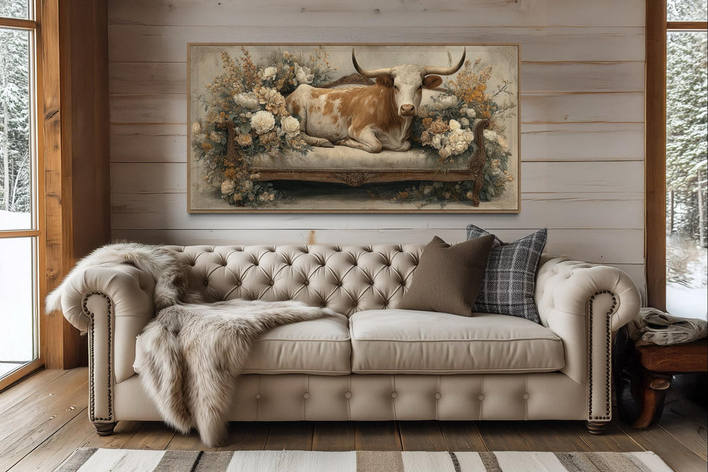 Texas Longhorn Cow on Couch Floral Canvas Wall Art
