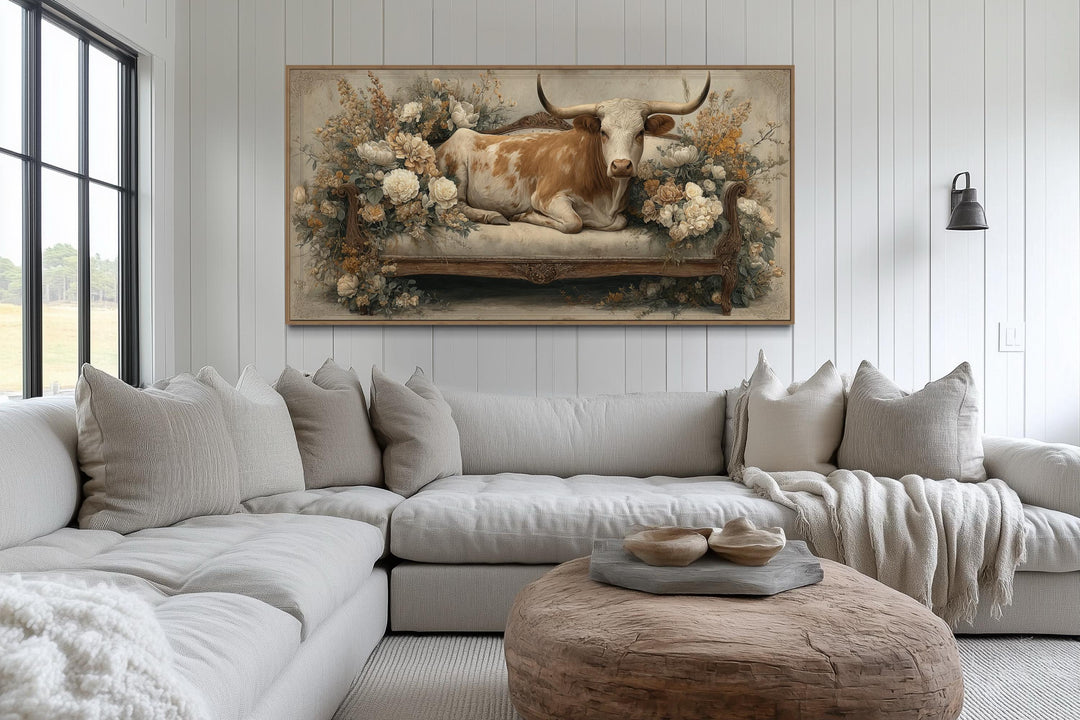 Texas Longhorn Cow on Couch Floral Canvas Wall Art
