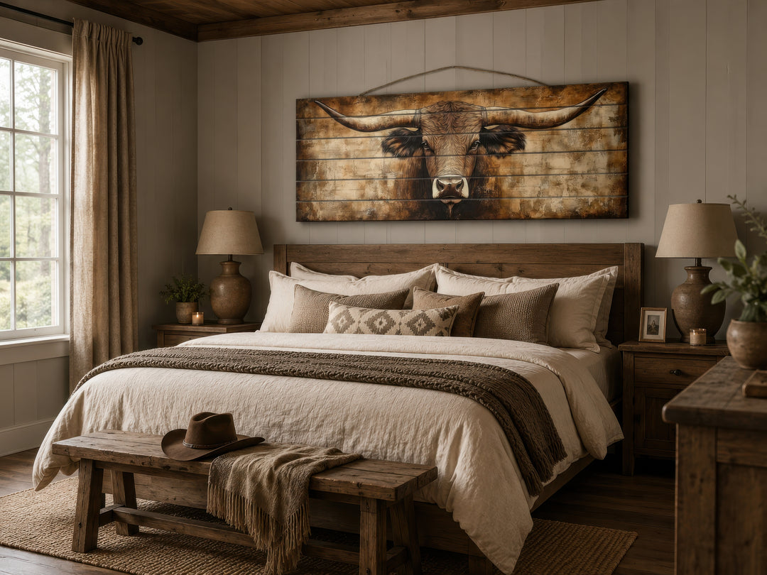 Texas longhorn portrait printed on horizontal real wood planks hanging above a bed in a rustic room.