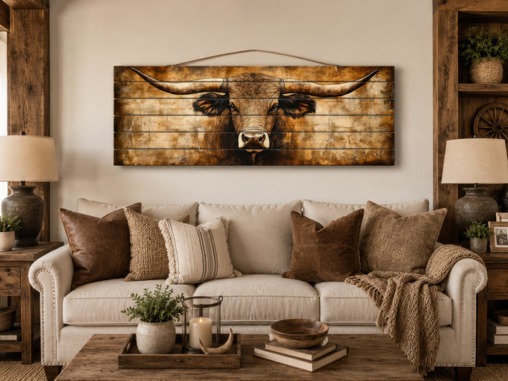 Texas longhorn portrait printed on horizontal real wood planks, hanging above a neutral sofa.