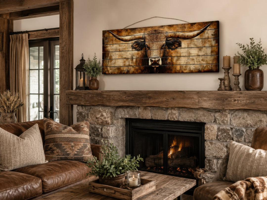 Texas longhorn portrait printed on horizontal real wood planks above a rustic stone fireplace.