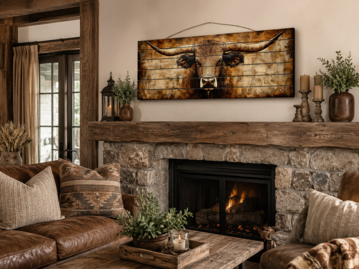 Texas longhorn portrait printed on horizontal real wood planks above a rustic stone fireplace.