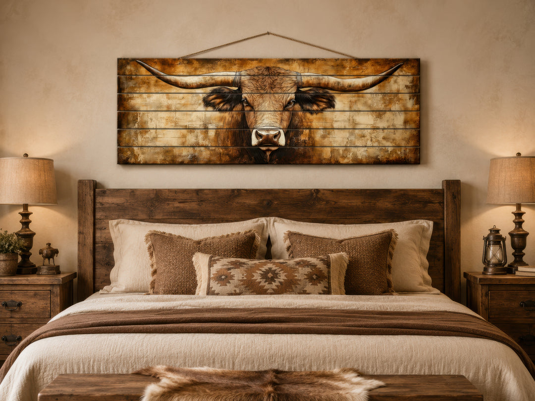 Texas longhorn bull portrait printed on horizontal real wood planks above a rustic wooden bed.