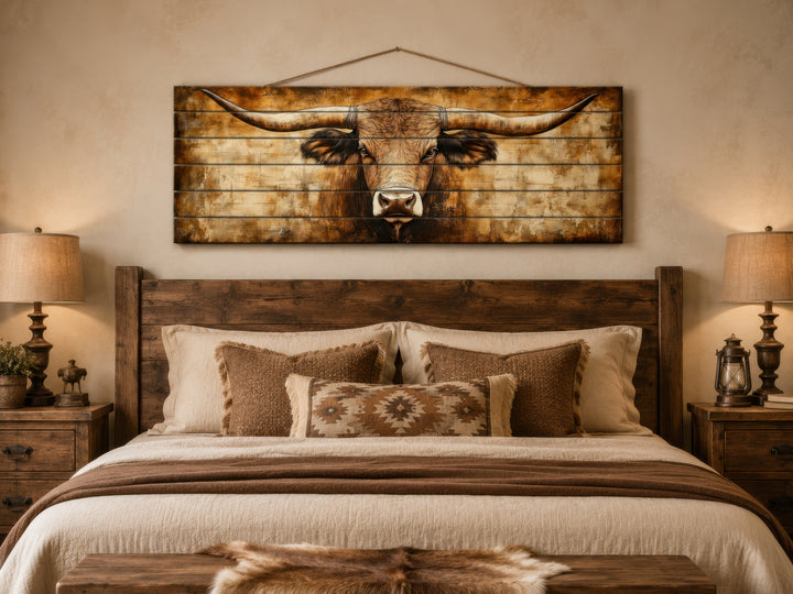 Texas longhorn bull portrait printed on horizontal real wood planks above a rustic wooden bed.