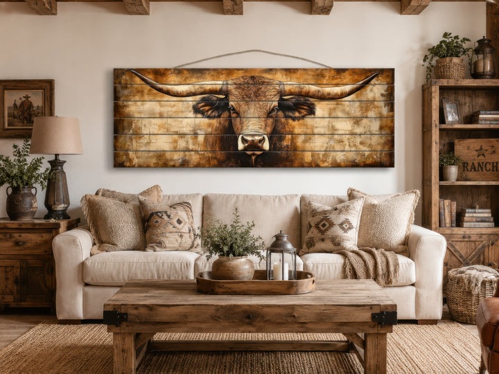 Texas longhorn portrait printed on horizontal real wood planks above a living room sofa.