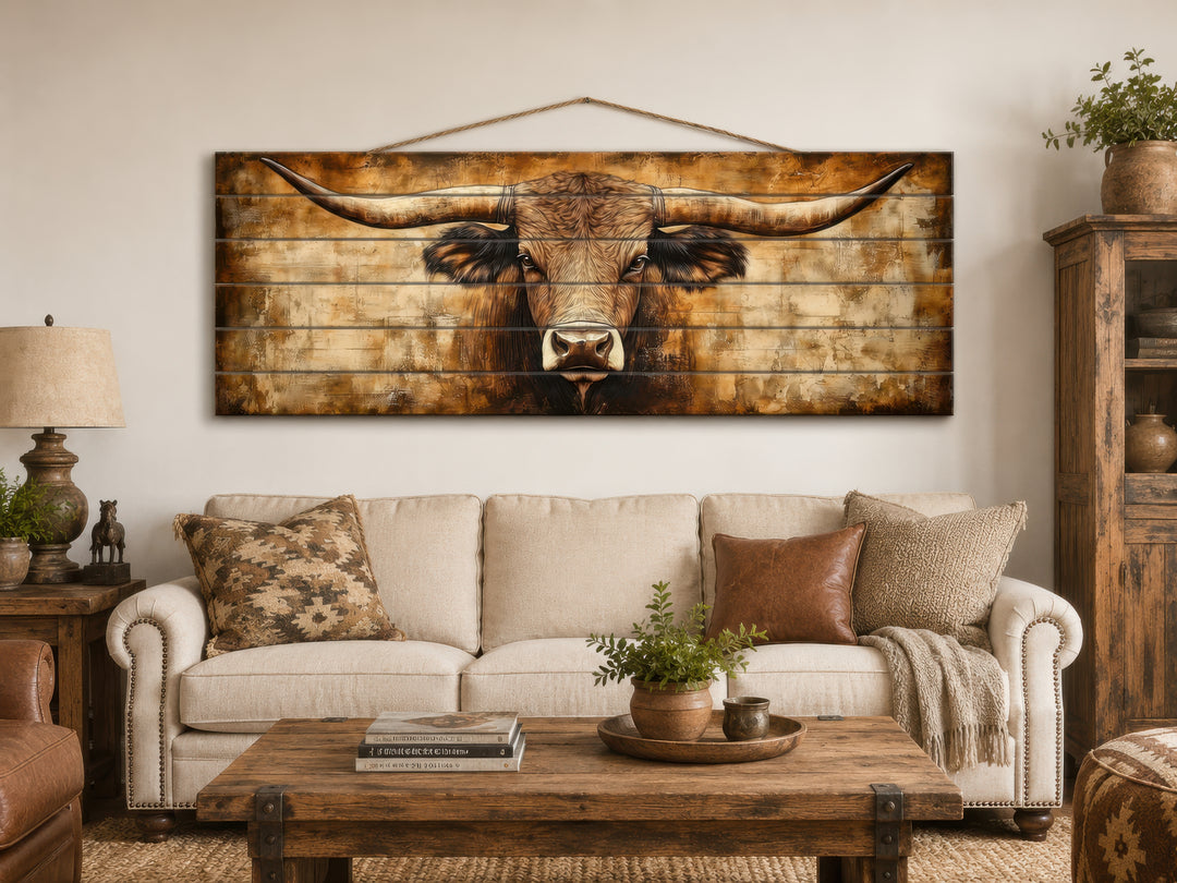 Texas longhorn portrait printed on horizontal real wood planks hanging above a neutral sofa.