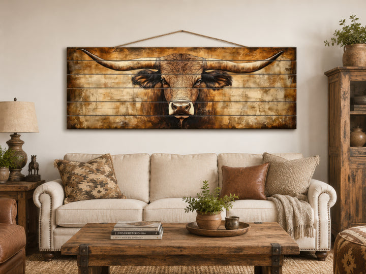 Texas longhorn portrait printed on horizontal real wood planks hanging above a neutral sofa.