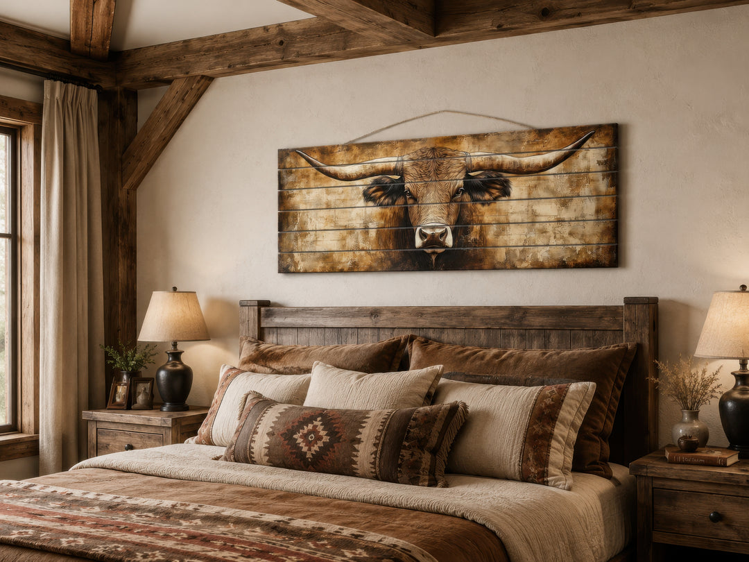Texas longhorn horizontal wall art on real wood planks hanging above a rustic wooden bed.