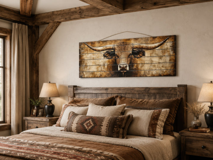 Texas longhorn horizontal wall art on real wood planks hanging above a rustic wooden bed.
