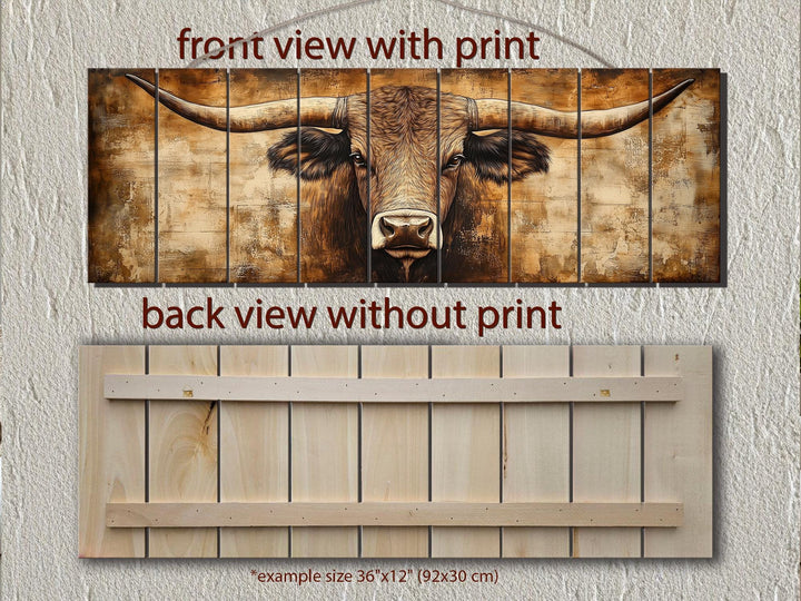 Texas longhorn bull printed on horizontal real wood planks, showing front and back views.