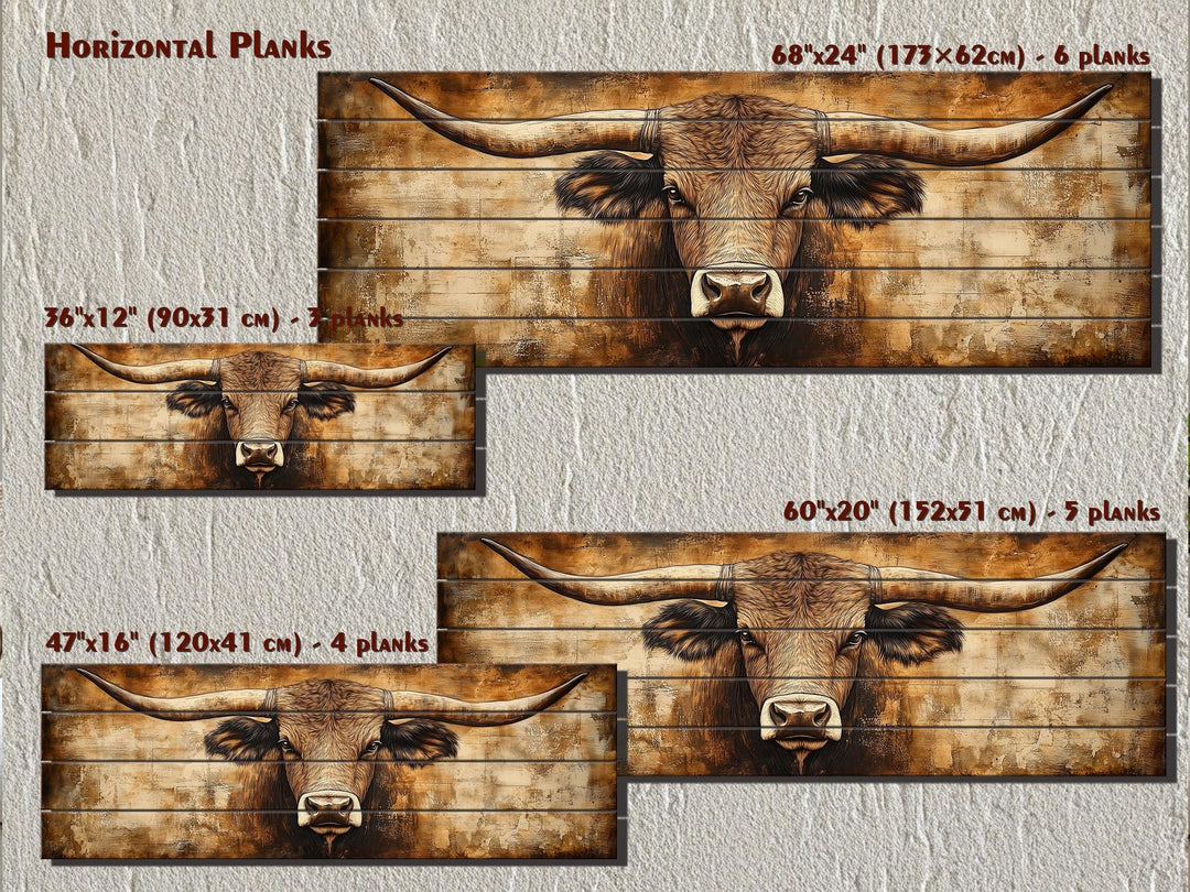 Texas Longhorn horizontal wood wall art in four sizes, featuring a rustic brown bull on wood planks.