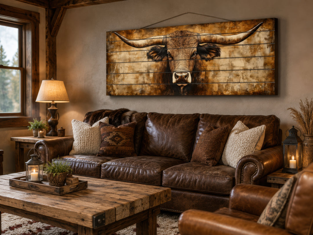 Texas longhorn horizontal wall art printed on real wood planks above a brown leather sofa.