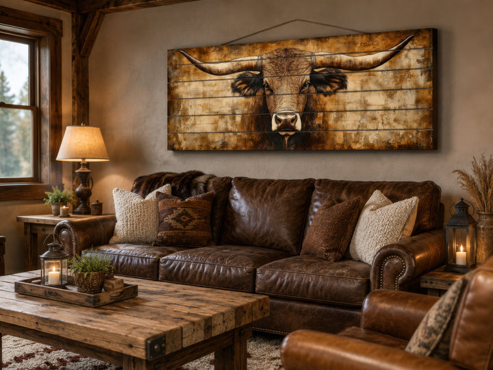 Texas longhorn horizontal wall art printed on real wood planks above a brown leather sofa.