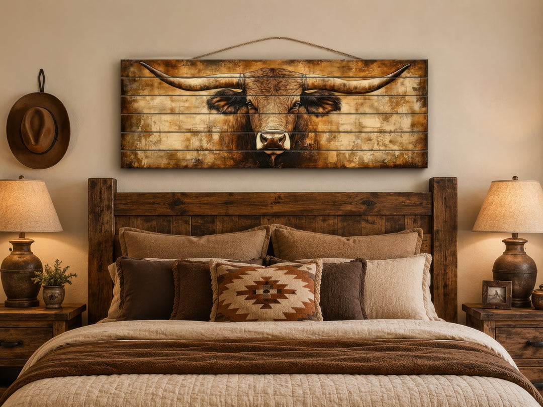 Texas longhorn portrait printed on horizontal wood planks hanging above a rustic wooden bed.