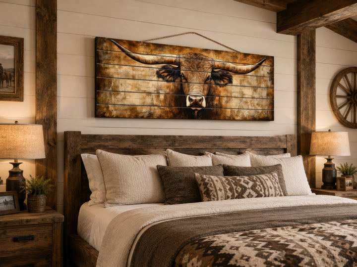 Texas longhorn horizontal wall art printed on real wood planks above a rustic wooden bed frame.