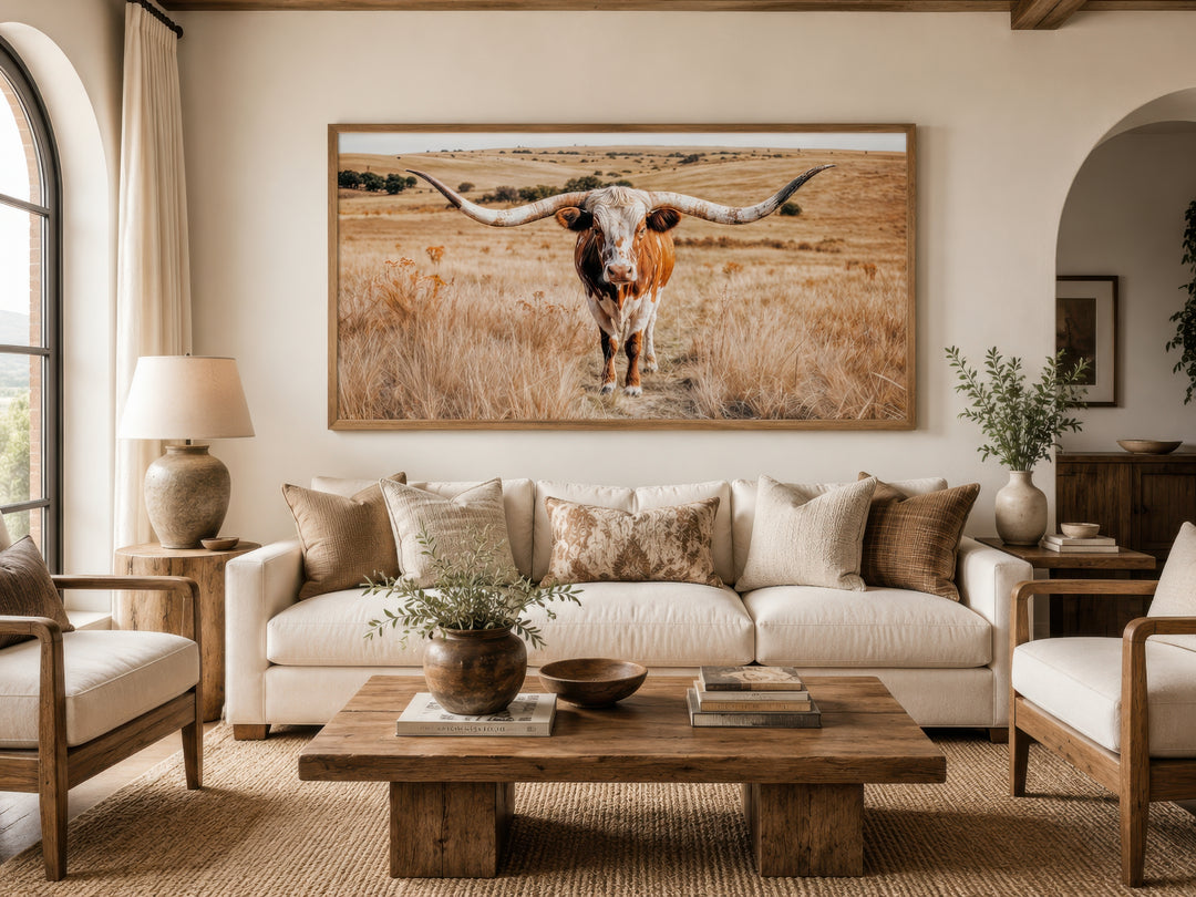 Texas Longhorn photography framed canvas wall art above a white sofa in a rustic living room.