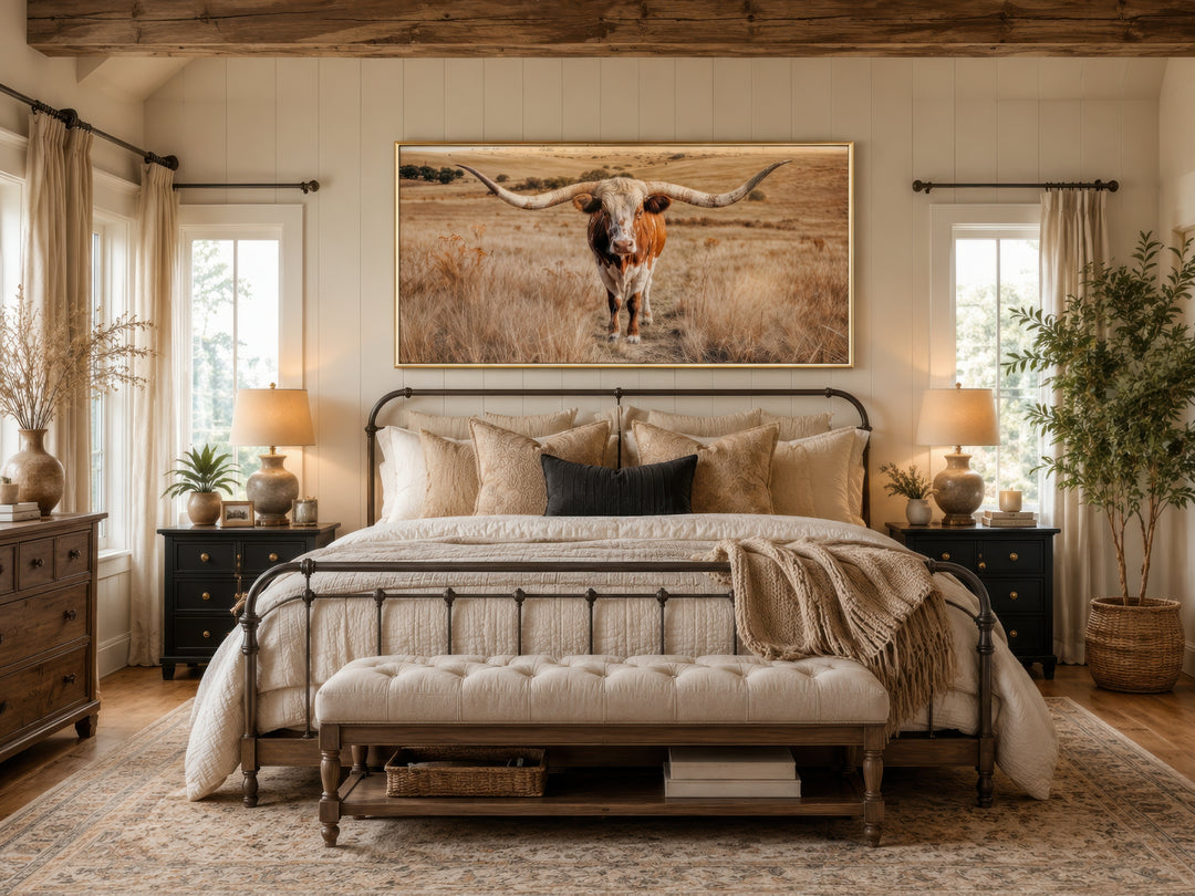 Texas Longhorn photography framed canvas wall art centered above a bed in a rustic bedroom.