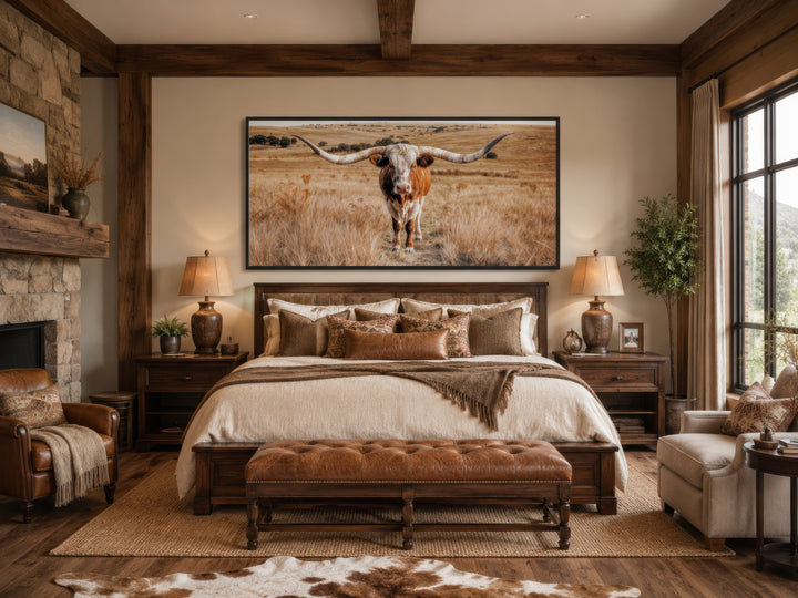Texas Longhorn photography framed canvas wall art centered above a bed in a rustic bedroom.