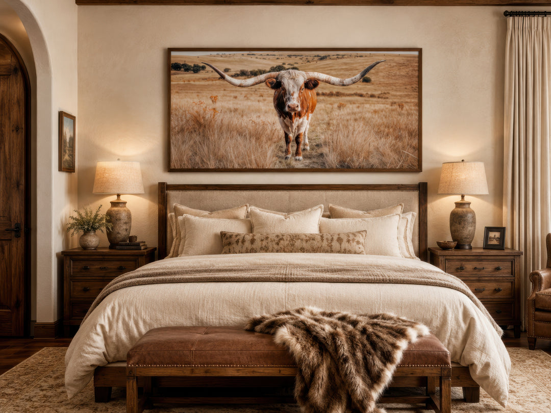 Framed horizontal canvas of a Texas longhorn bull in a field, hung above a bed in a rustic bedroom.
