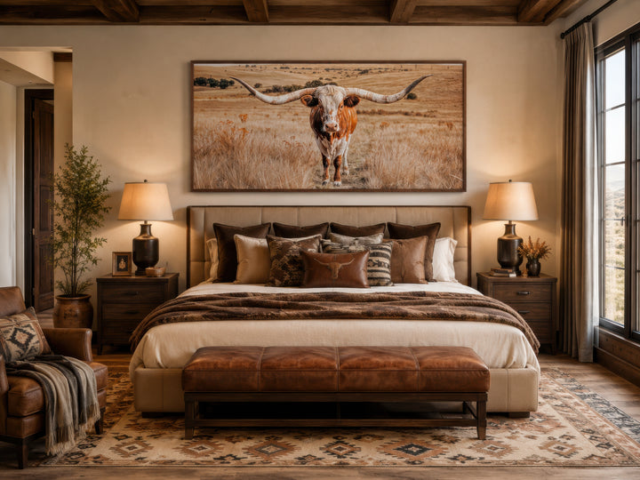 Texas Longhorn photography framed canvas wall art centered above a bed in a rustic Western bedroom.