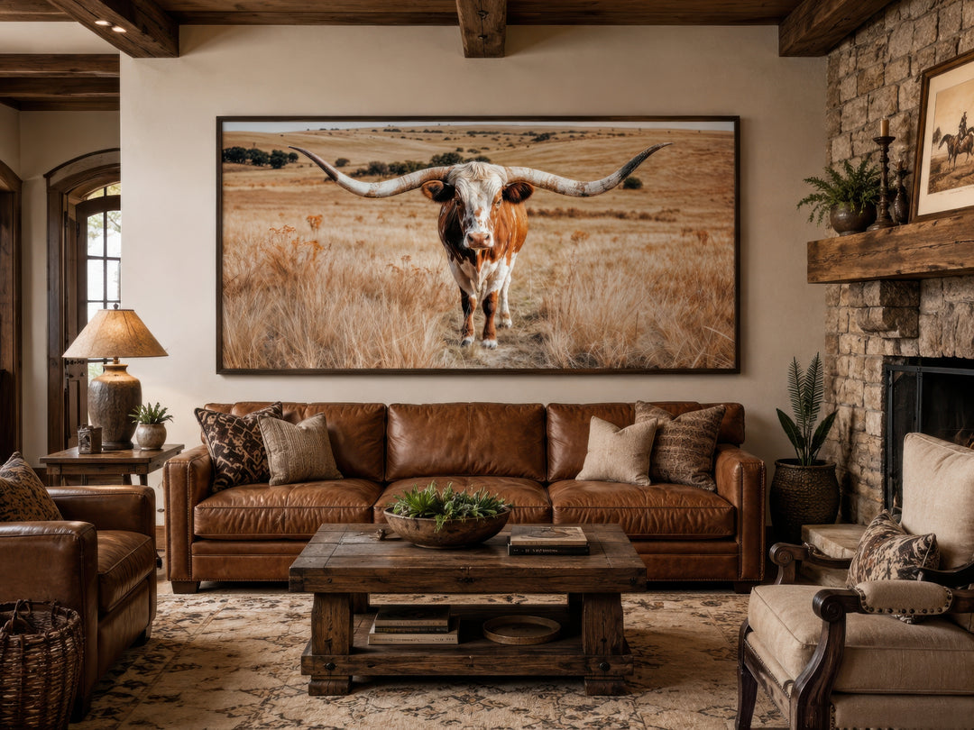 Texas Longhorn photography framed canvas wall art above a leather sofa in a rustic living room.