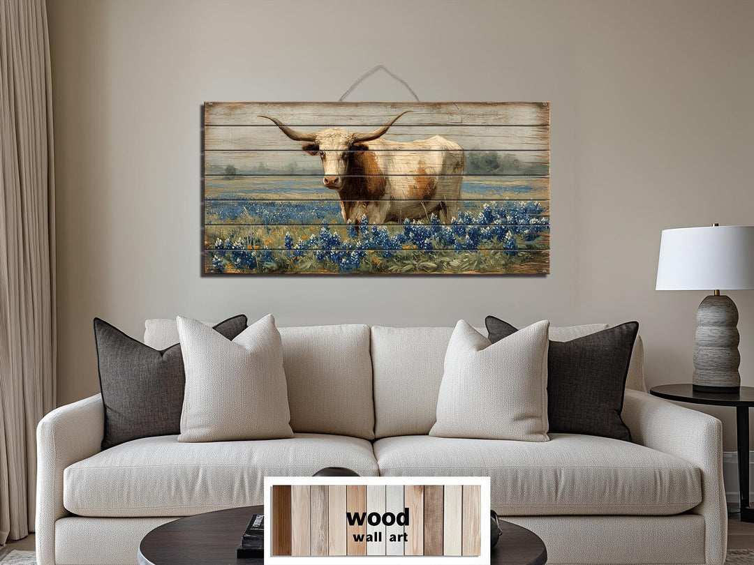 Texas Longhorn Standing In Bluebonnets Field Distressed Wood Wall Art