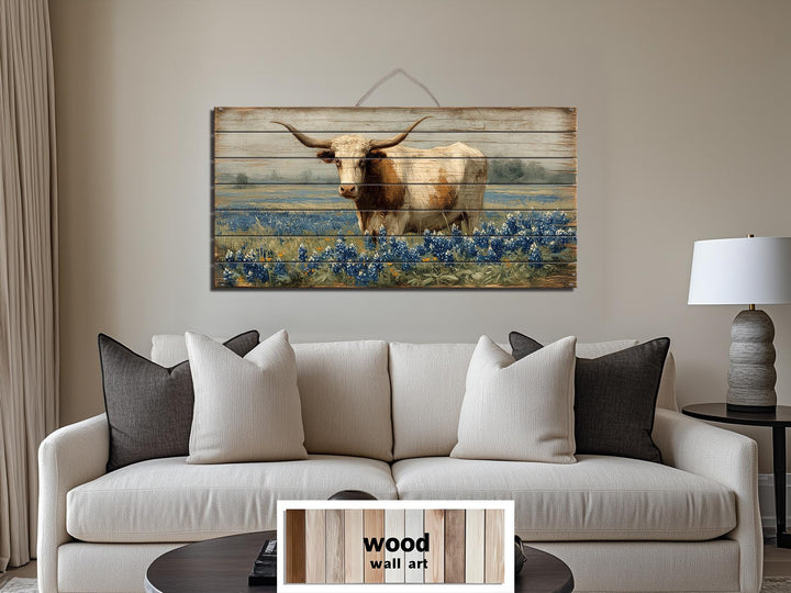 Texas Longhorn Standing In Bluebonnets Field Distressed Wood Wall Art