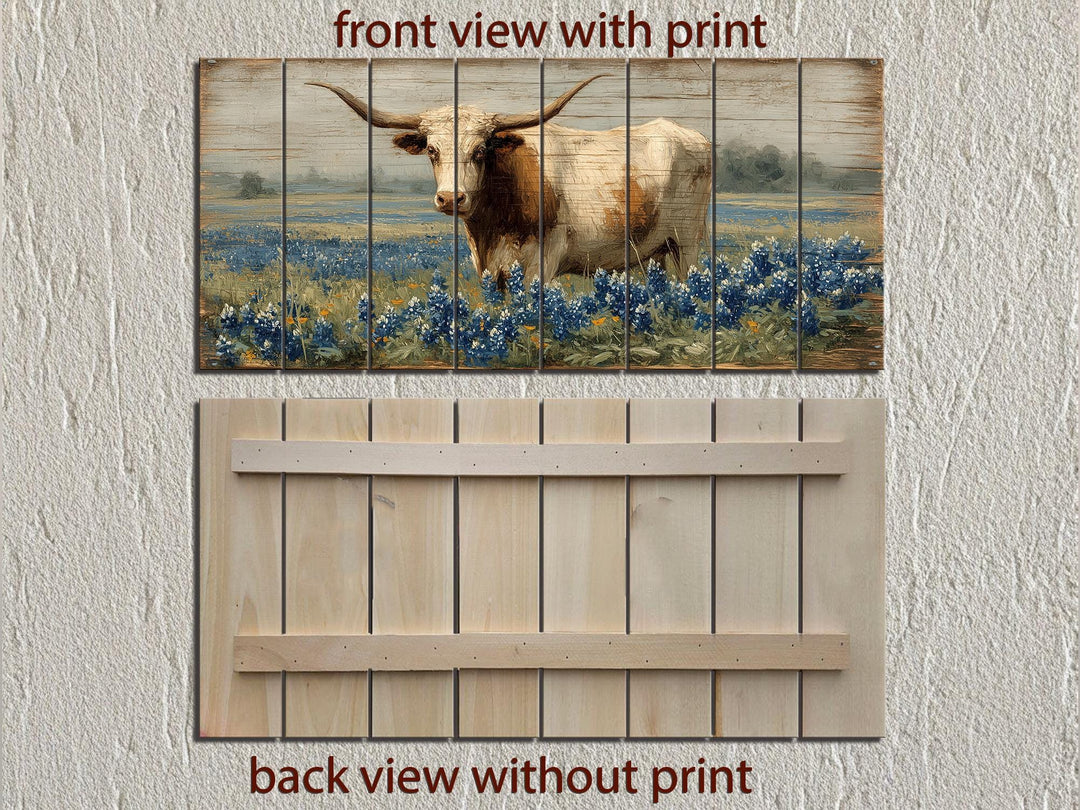 Texas Longhorn Standing In Bluebonnets Field Distressed Wood Wall Art