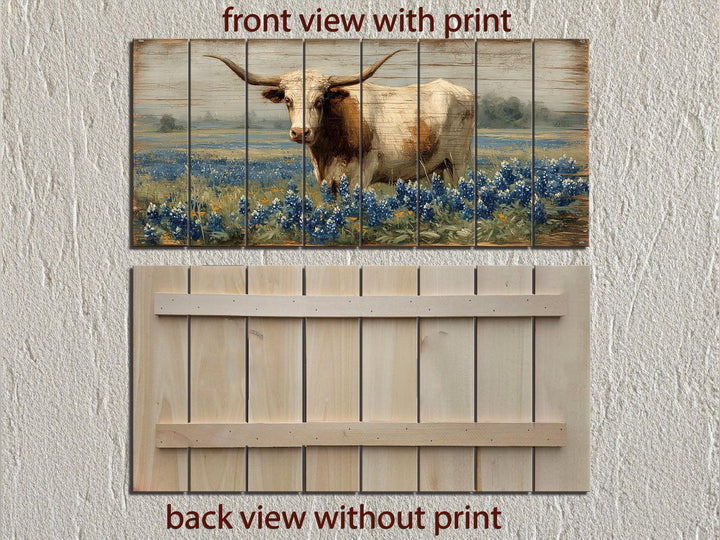 Texas Longhorn Standing In Bluebonnets Field Distressed Wood Wall Art