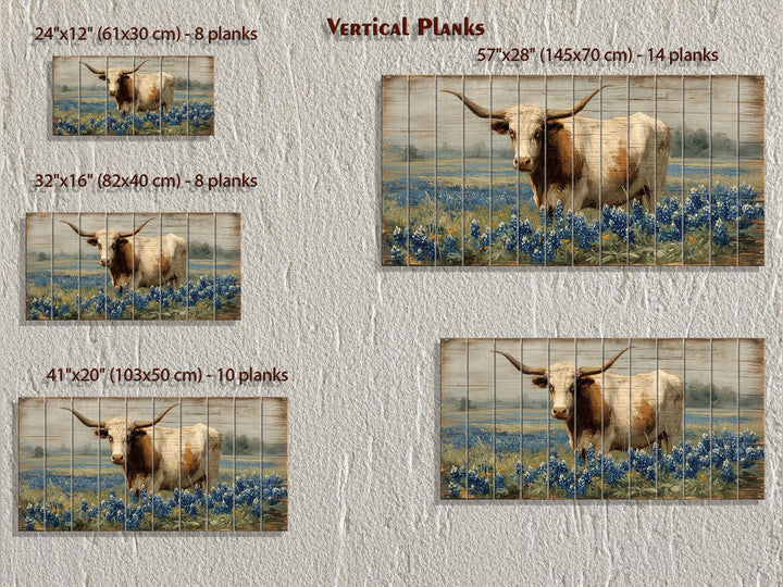 Texas Longhorn Standing In Bluebonnets Field Distressed Wood Wall Art