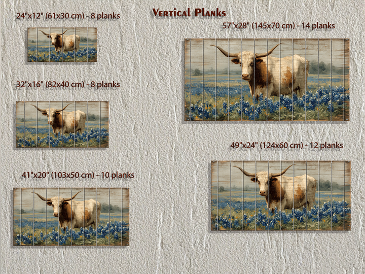 Texas Longhorn Standing In Bluebonnets Field Distressed Wood Wall Art