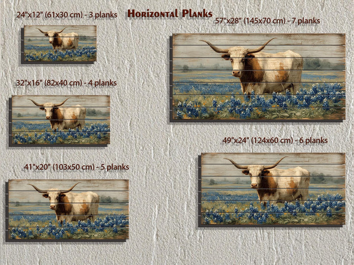 Texas Longhorn Standing In Bluebonnets Field Distressed Wood Wall Art