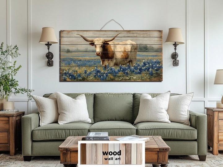 Texas Longhorn Standing In Bluebonnets Field Distressed Wood Wall Art