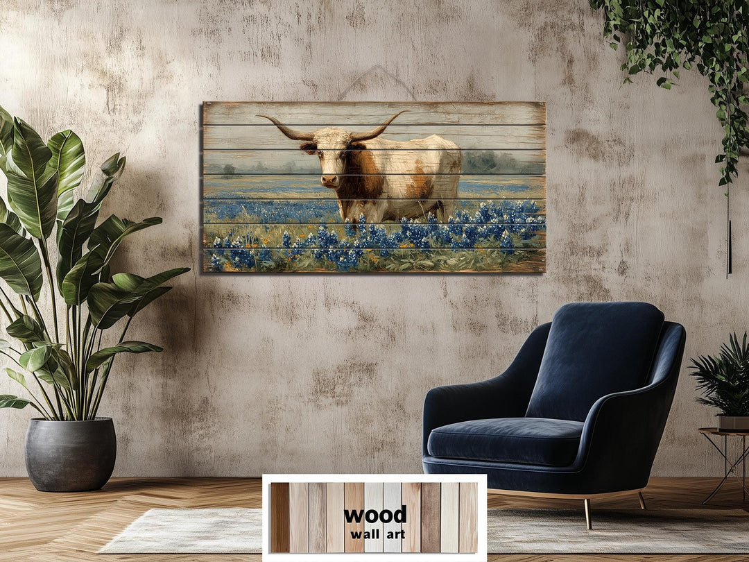 Texas Longhorn Standing In Bluebonnets Field Distressed Wood Wall Art