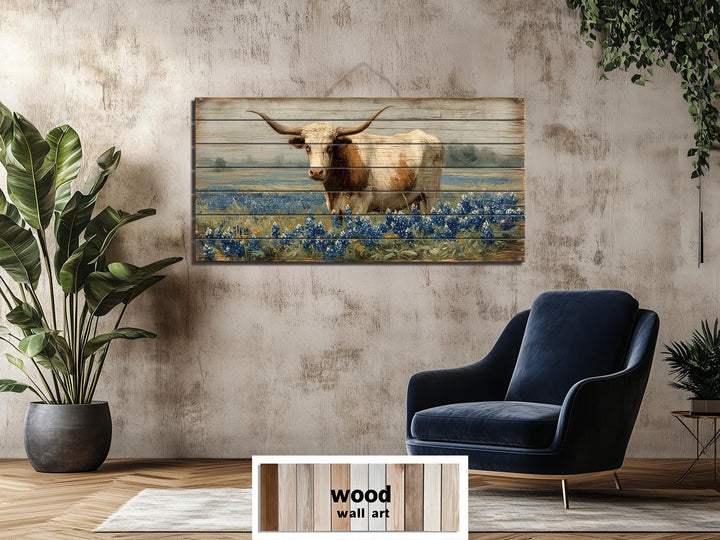 Texas Longhorn Standing In Bluebonnets Field Distressed Wood Wall Art