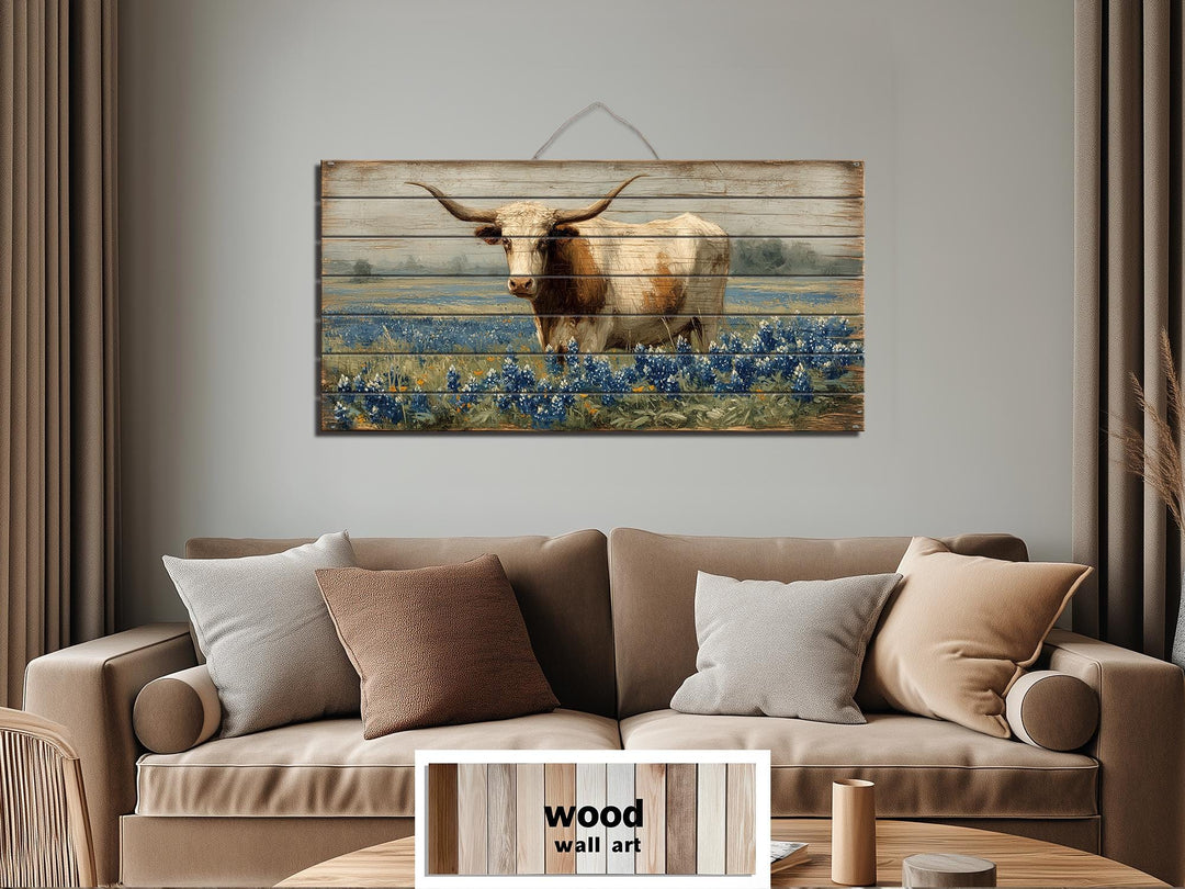 Texas Longhorn Standing In Bluebonnets Field Distressed Wood Wall Art