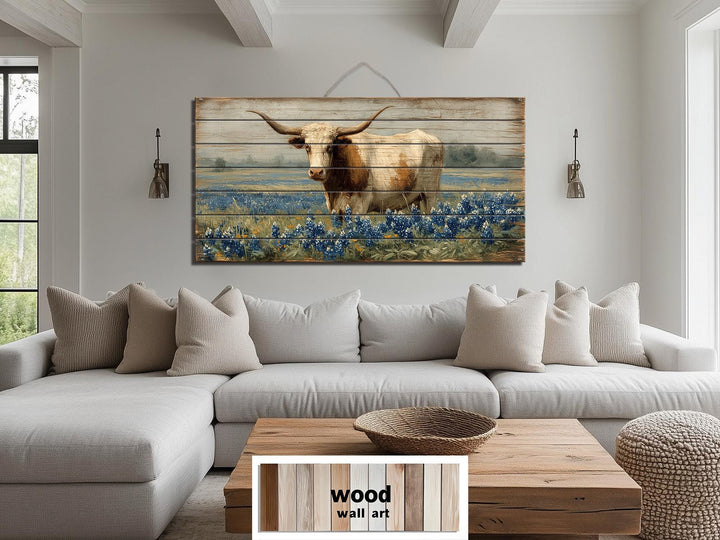 Texas Longhorn Standing In Bluebonnets Field Distressed Wood Wall Art