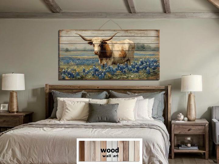 Texas Longhorn Standing In Bluebonnets Field Distressed Wood Wall Art
