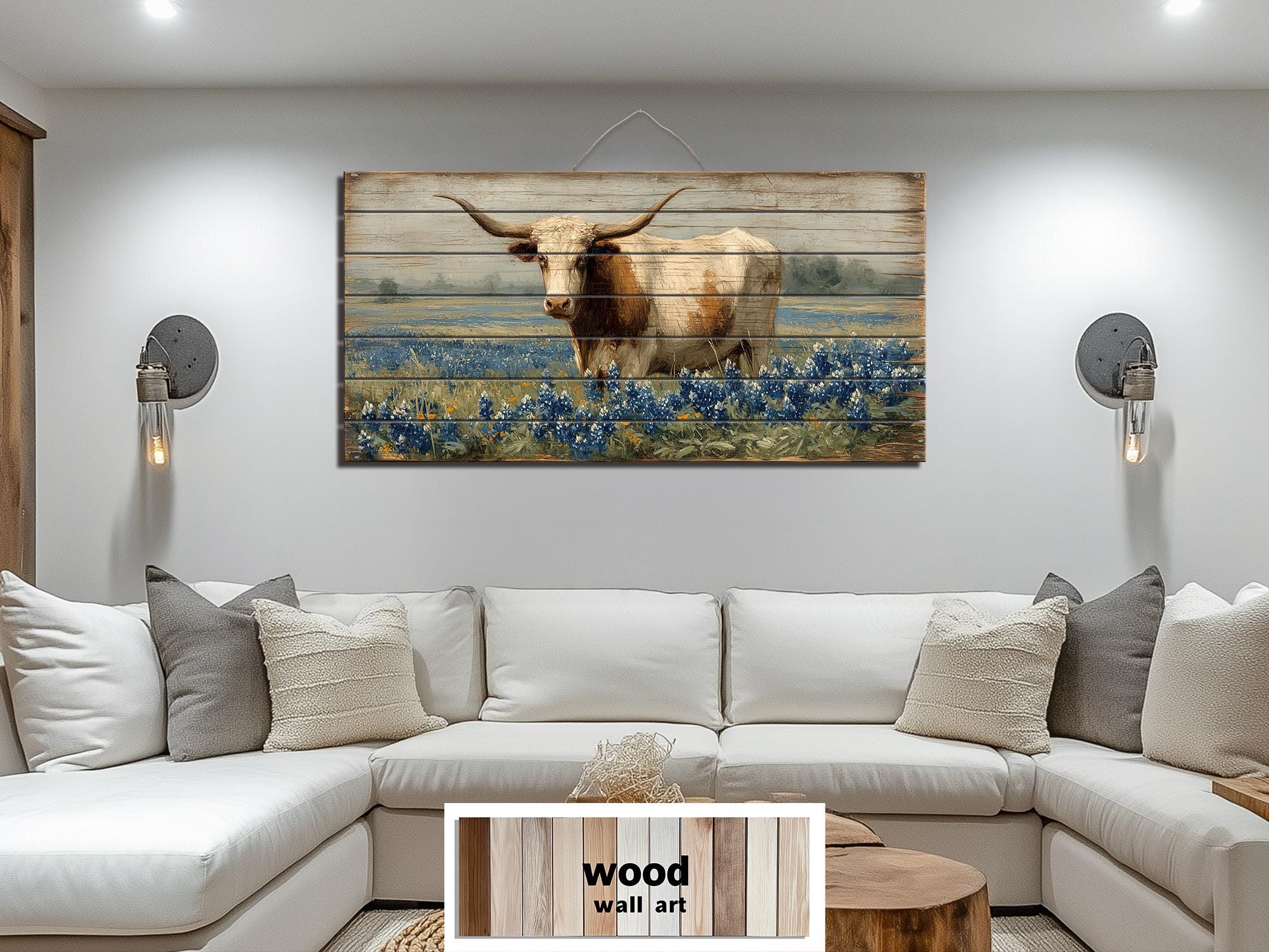 Texas Longhorn Wood Wall Art | Distressed Bluebonnet Field Decor