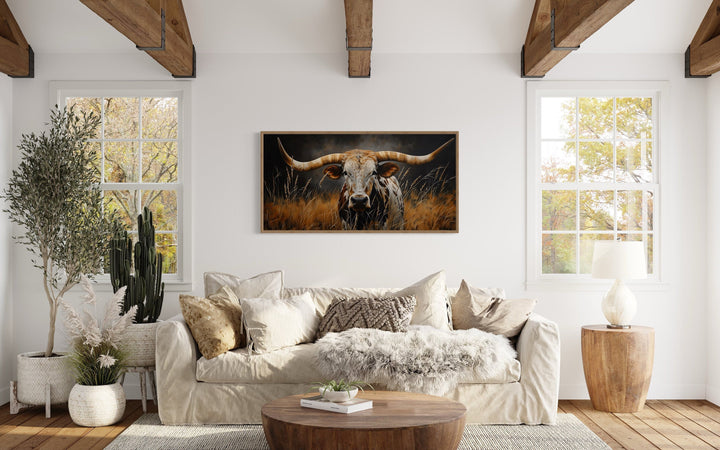 Texas Longhorn Steer In Grass Dark Brown Painting Framed Canvas Wall Art