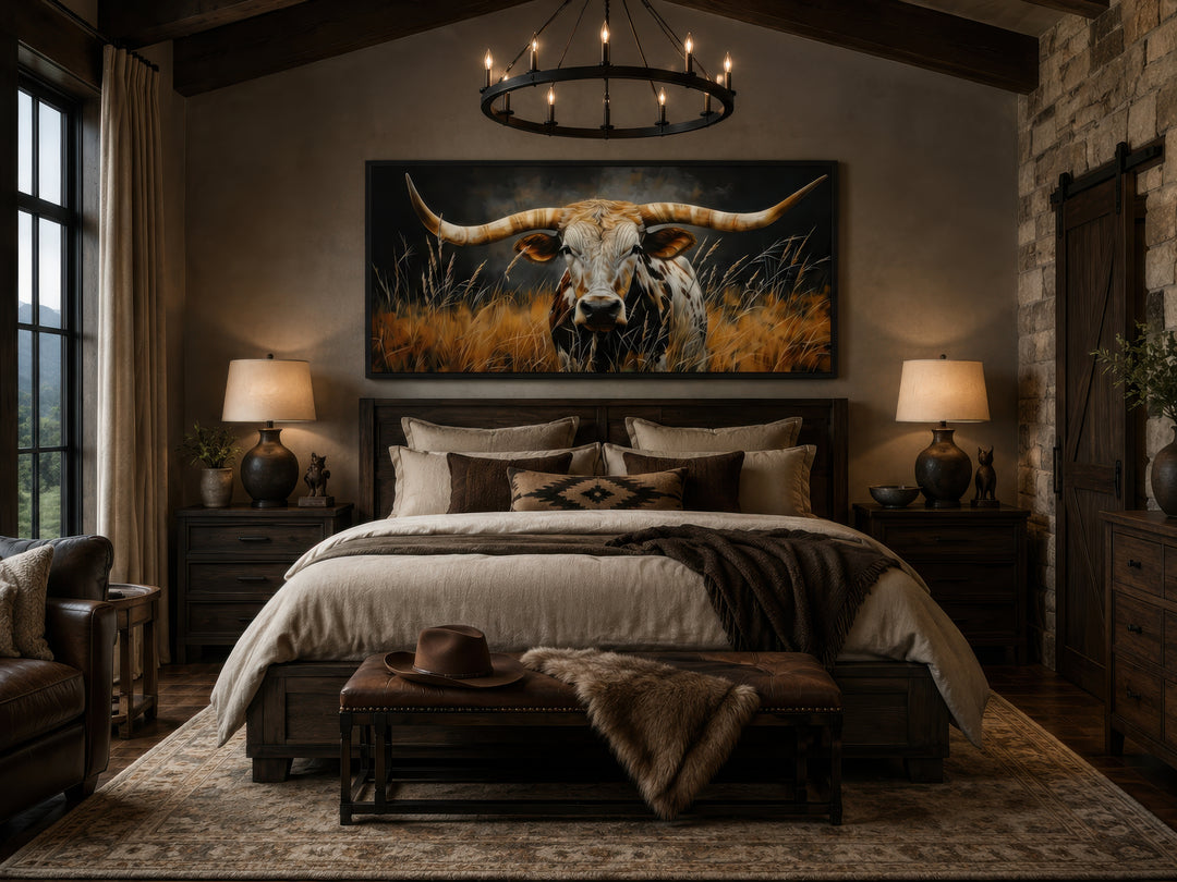 Framed canvas painting of a Texas longhorn steer in grass, hung above a bed in a rustic bedroom.