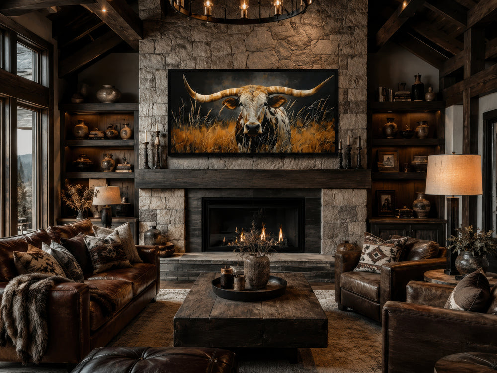 Framed canvas wall art of a Texas longhorn steer in grass above a rustic stone fireplace.