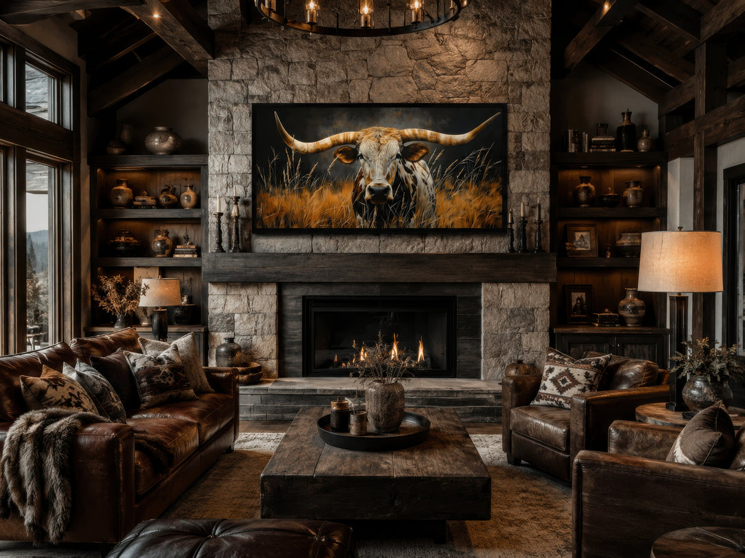 Framed canvas wall art of a Texas longhorn steer in grass above a rustic stone fireplace.