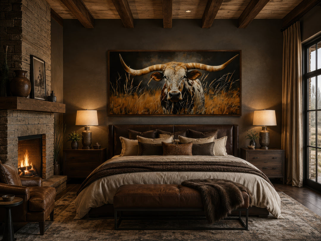 Framed canvas wall art of a Texas longhorn steer in grass above a bed in a rustic bedroom.