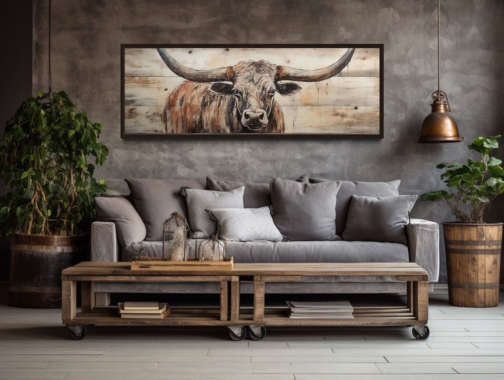 Texas Longhorn Steer Painted On Wood Canvas Wall Art "Prairie King" over grey rustic couch