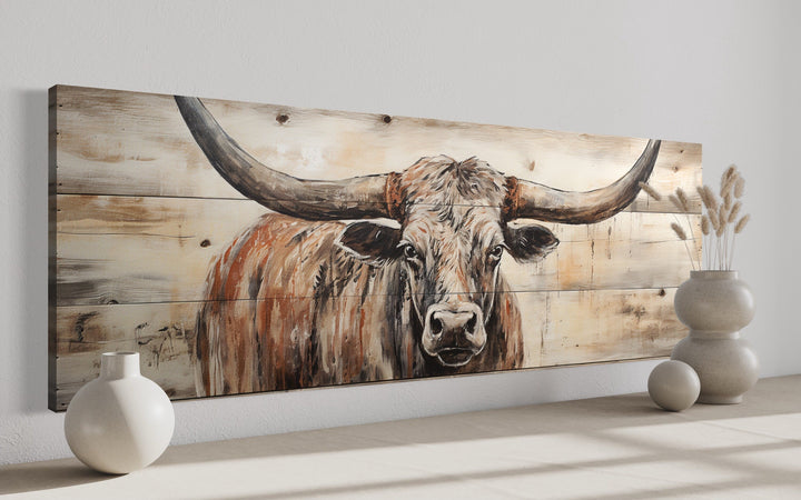 Texas Longhorn Steer Painted On Wood Long Horizontal Framed Canvas Wall Art